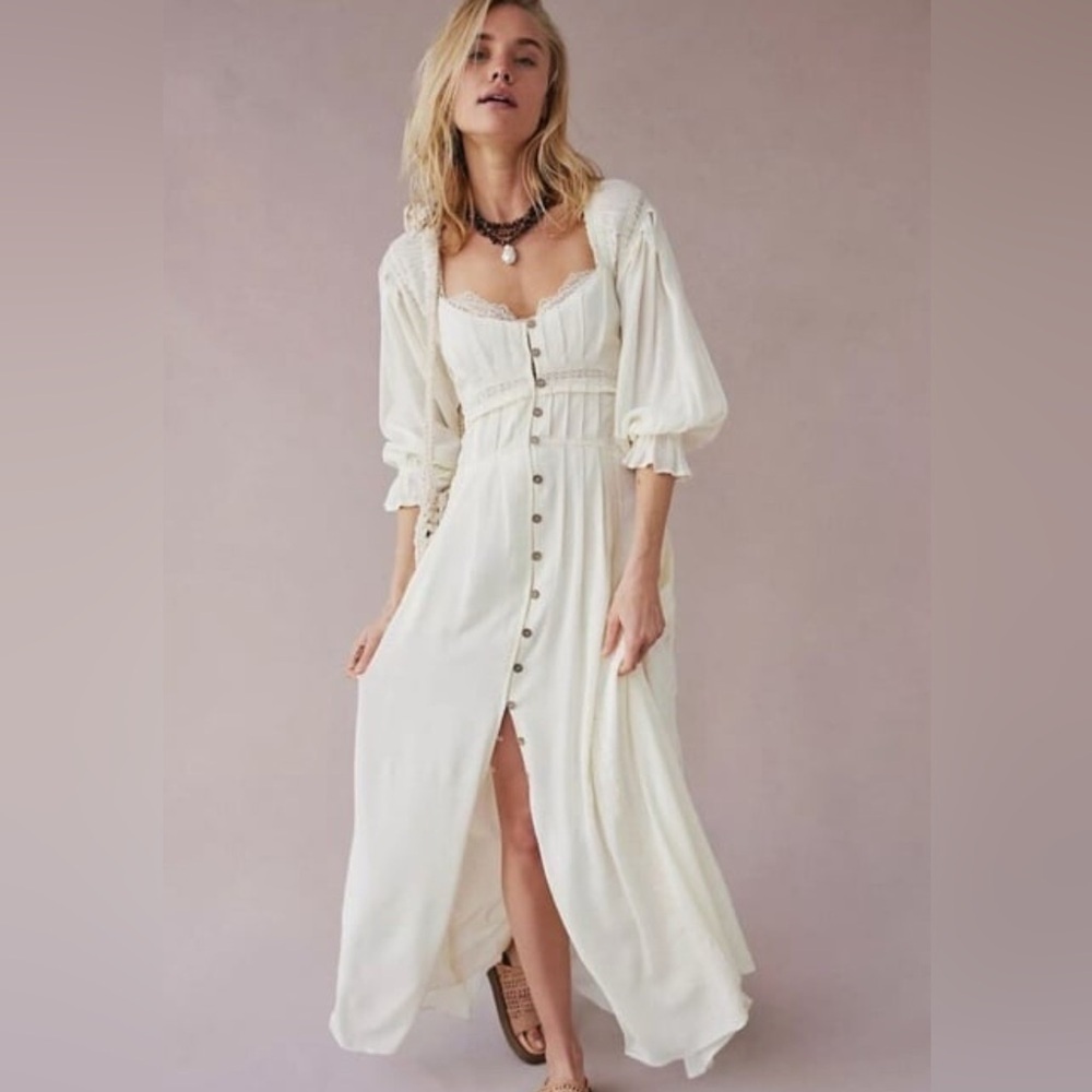 Free People magdalia romantic boho maxi dress size S bottom down puffy sleeve - Picture 11 of 13